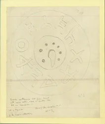Cirkulär lergodsplatta från Moab från Shapiras 2:a samling, 1873 (wc och penna på papper)